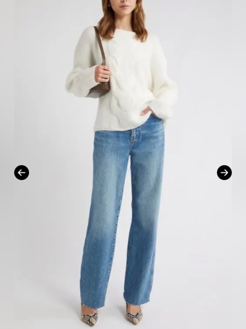 Open Edit Ivory Cable Knit Oversized Sweater Size M Chunky Boat Neck Fuzzy Fall